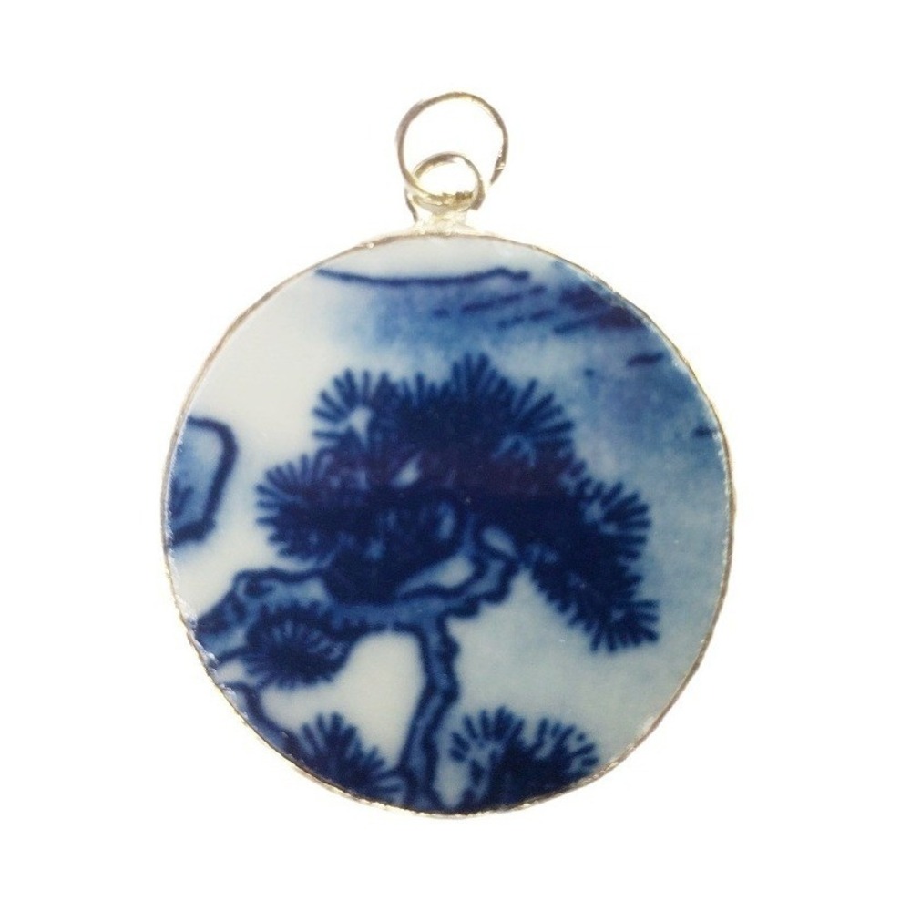 Blueβ Willow China Bonsai Tree Pottery Shard Pendant Chinoiserie Jewelry Focal